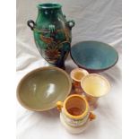 ART POTTERY GREEN & BROWN VASE 37CM, 2 ART POTTERY BOWLS LARGEST 29CM DIAMETER, 2 SYLVAC VASES,