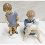 TWO ROYAL COPENHAGEN PORCELAIN FIGURES: A BOY WITH CAT & A BOY WITH TEDDY BEAR