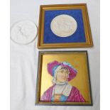 19TH CENTURY PORCELAIN PLAQUE OF YOUNG LADY WITH RED HAT 20 X 20 CM,