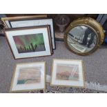 TWO PHOTO-LITHOGRAPH PRINTS, GILT FRAMED CIRCULAR WALL, MIRRORS,