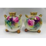 PAIR ROYAL WORCESTER TWIN HANDLED ROSE DECORATED VASES ON 3 BALL FEET - 10 CM TALL