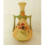 ROYAL WORCESTER BLUSH IVORY 2 HANDLED VASE DECORATED WITH THISTLES 10 CM TALL