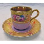 EARLY 20TH CENTURY LILAC & GILT CABINET CUP & SAUCER WITH FLORAL DECORATION SIGNED E.