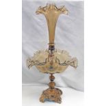 GILT METAL & AMBER GLASS TABLE CENTRE WITH PIERCED SCROLL SUPPORTS - 48CM TALL