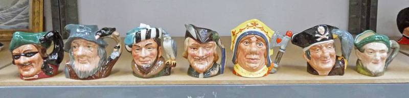 7 VARIOUS SMALL ROYAL DOULTON CHARACTER JUGS, INCLUDING THE RED QUEEN, THE FALCONER,