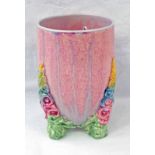 PINK CLARICE CLIFF VASE WITH 3 FLORAL RELIEF MOULDED SUPPORTS - 15 CM TALL Condition