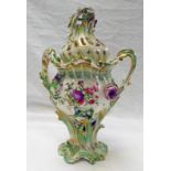 EARLY 19TH CENTURY COALPORT PORCELAIN FLORAL ENCRUSTED GREEN & WHITE 2 HANDLED LIDDED VASE WITH