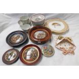 4 19TH CENTURY PRATTWARE POT LIDS IN FRAMES, 19TH CENTURY PORCELAIN WALL POCKET BY KPM,