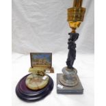 LATE VICTORIAN STYLE BRONZE FIGURE ON HARDSTONE BASE OVERALL HEIGHT TO TOP OF BRASS FITTING 28CM,