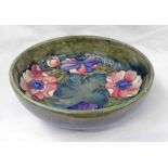 MOORCROFT BOWL DECORATED WITH ANEMONES WITH GREEN INITIALS TO BASE - 22CM DIAMETER