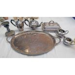 4 PIECE SILVER PLATED TEASET, LARGE OVAL 2 HANDLED TRAY,