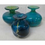 3 MDINA GREEN GLASS VASES, TALLEST - 12.