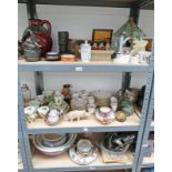 SELECTION OF VARIOUS PORCELAIN ETC ON 3 SHELVES INCLUDING CAITHNESS GLASS PAPERWEIGHT,
