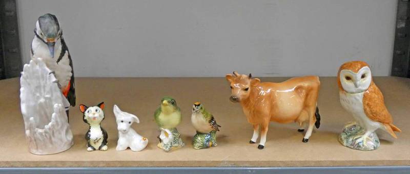 SELECTION & PORCELAIN FIGURES, INCLUDING BESWICK TERRIER, JERSEY COW, GOEBEL WOODPECKER, HUMMEL CAT,