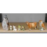 SELECTION & PORCELAIN FIGURES, INCLUDING BESWICK TERRIER, JERSEY COW, GOEBEL WOODPECKER, HUMMEL CAT,