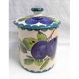 WEMYSS WARE LIDDED JAM POT DECORATED WITH PLUMS SIGNED IN GREEN BASE - 12CM TALL