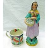 19TH CENTURY LUSTRE MUG, 19TH CENTURY SCOTTISH POTTERY FIGURE OF WOMAN WITH BASKET OF HERRING,