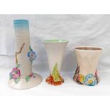 3 CLARICE CLIFF RELIEF MOULDED VASES,