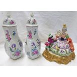 PAIR OF CONTINENTAL PORCELAIN LIDDED VASES WITH CROSS SWORDS MARK & PORCELAIN FIGURE GROUP WITH