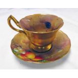 ROYAL WORCESTER CUP & SAUCER WITH FRUIT DECORATION & SIGNED M AYRTON ON SAUCER & J G MASSLEY ON CUP