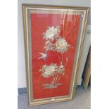 SILK FRAMED ORIENTAL PICTURE WITH FLORAL & AVIAN DECORATION 127 X 67 CM Condition