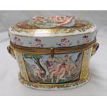 NAPLES PORCELAIN CASKET DECORATED WITH RELIEF MOULDED CLASSICAL SCENE - 19CM TALL