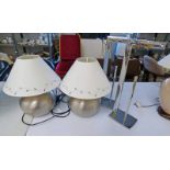 PAIR OF SILVERED SPHERICAL TABLE LAMPS WITH SHADES, 41CM HIGH,