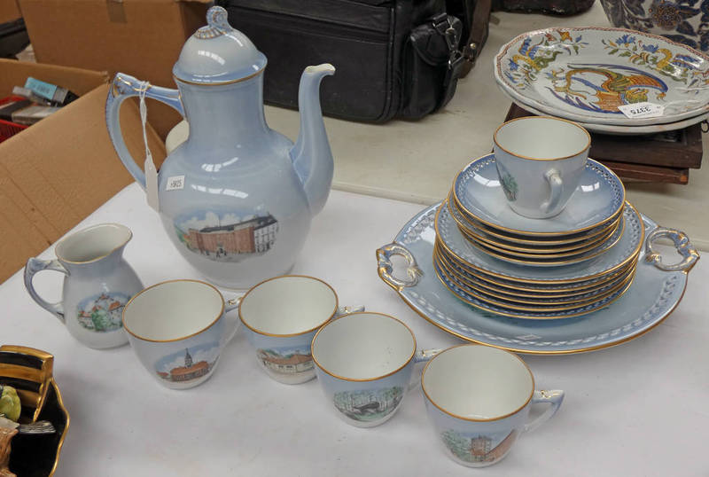 SELECTION OF BING & GRONDAHL TEA WARE DECORATED WITH DANISH LANDMARKS WITH TEAPOT, CUPS, SAUCERS,