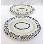 GRADUATED PAIR OF LATE 18TH PEARLWARE BLUE & WHITE OVAL DISHES WITH PIERCED BORDER & BASKETWORK