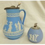 WEDGWOOD PORCELAIN JUG WITH PEWTER LID.