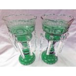 PAIR GREEN FLASHED GLASS TABLE LUSTRES WITH FACETED GLASS DROPS - 32 CM TALL