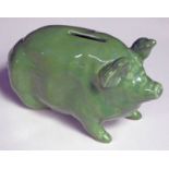 WEMYSS WARE GREEN POTTERY MONEY BANK PIG - 16 CM LONG Condition Report: Impressed