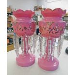 PAIR OF PINK GLASS TABLE LUSTRES HEIGHT - 40 CM Condition Report: 1 has a chip to