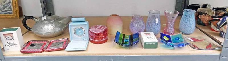 4 CAITHNESS GLASS VASES, 3 PIECE ART GLASS, PEWTER TEAPOT,