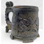 19TH CENTURY SCANDINAVIAN TREEN TANKARD CARVED WITH HUNTER AND BEAR - 16.