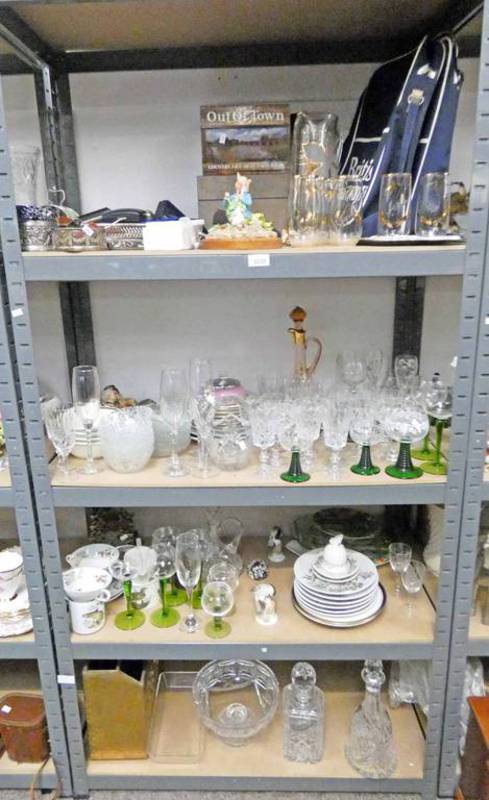 SELECTION OF VARIOUS PORCELAIN, GLASSWARE ETC INCLUDING DECANTERS, DECORATIVE FIGURES,