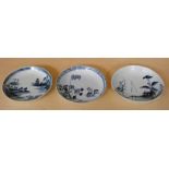 3 MID-LATE 18TH CENTURY BLUE & WHITE LIVERPOOL PORCELAIN SAUCERS - WIDEST 12.