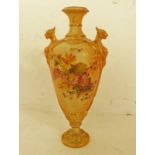 ROYAL WORCESTER TWIN HANDLED VASE WITH FLORAL AND GILT DECORATION.
