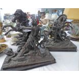 PAIR OF EARLY 20TH CENTURY SPELTER METAL CLASSICAL FIGURES WITH REARING HORSES ON WOODEN BASES -