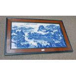 FRAMED ORIENTAL BLUE & WHITE PORCELAIN PANEL DEPICTING RURAL SCENE 42 X 68 CMS