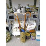 SELECTION OF LINEN, VASES CLOISONNE WARE, SHOOTING STICKS,