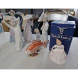 ROYAL CROWN DERBY FISH PAPERWEIGHT, 3 LLADRO FIGURES, ROYAL DOULTON FIGURE,