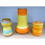 SHELLEY WARE ORANGE, YELLOW BISCUIT JAR TALL SHELLEY WARE VASE & SHELLEY WARE BROWN,