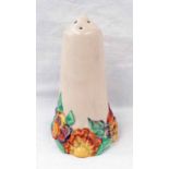 CLARICE CLIFF SUGAR SIFTER WITH RELIEF MOULDED FLORAL DECORATION - 14.