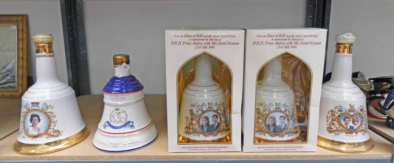 SEALED BELLS DECANTER QEII BIRTHDAY 2 SEALED IN BOXES AND 2 OTHERS