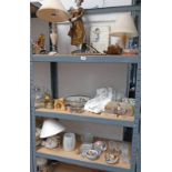 SELECTION OF VARIOUS PORCELAIN, ETC INCLUDING ONYX BOOKENDS, LAMP, WADE ANIMALS, CHRISTENING GOWN,