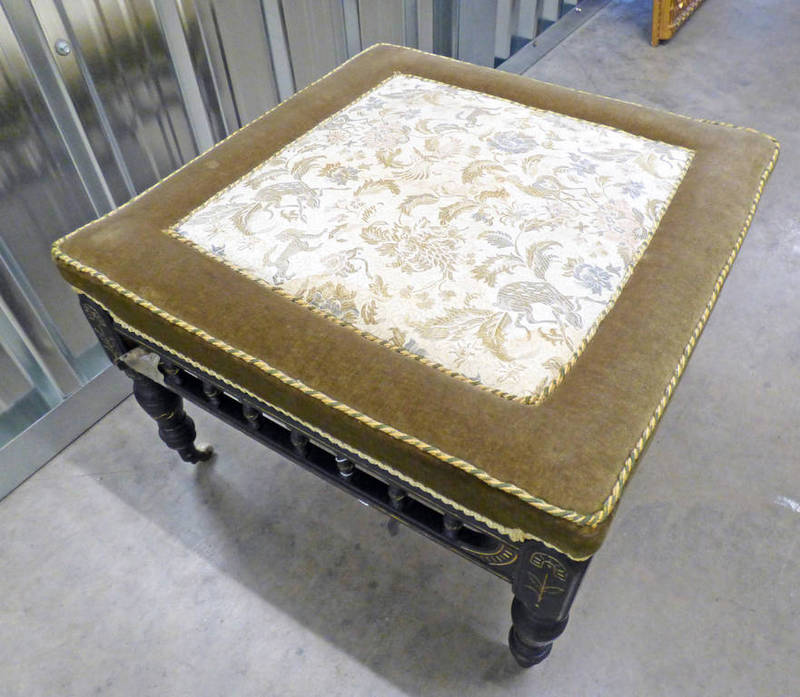 LATE 19TH CENTURY EBONISED STOOL ON TURNED SUPPORTS 60 X 62 CM