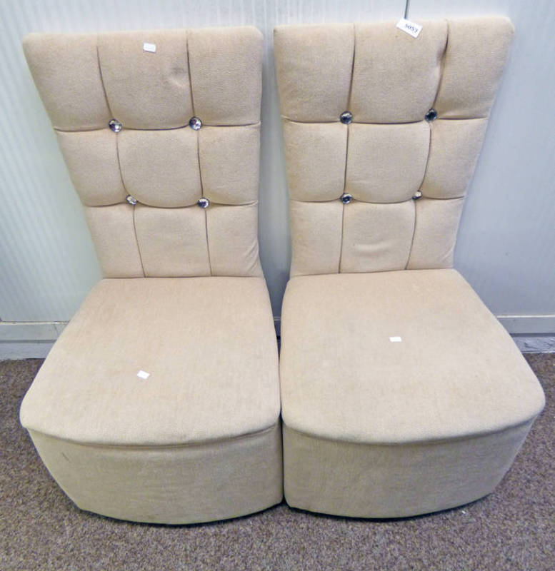 PAIR OF FAWN COVERED BUTTON BACK CHAIRS