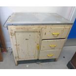 PAINTED KITCHEN CABINET WITH 3 DRAWERS & PANEL DOOR & METAL TOP 86CM TALL X 51CM DEEP