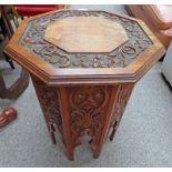 EARLY 20TH CENTURY ARTS & CRAFTS OCTAGONAL TOPPED TABLE WITH LIFT UP LID AND CARVED FLORAL